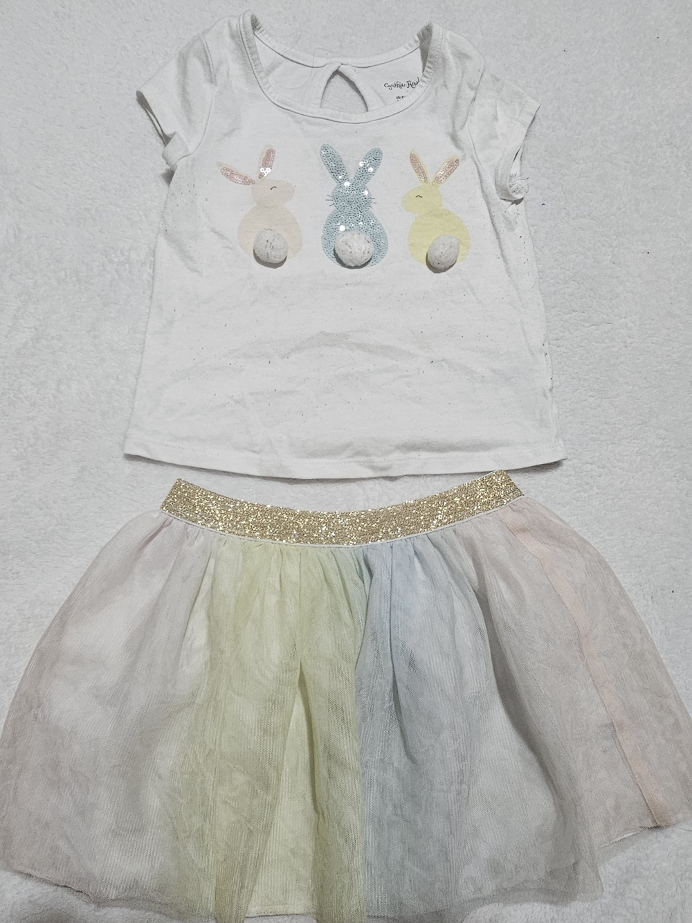 Girl White Set Bunny Graphic Tee with Pastel Rainbow Tulle Skirt